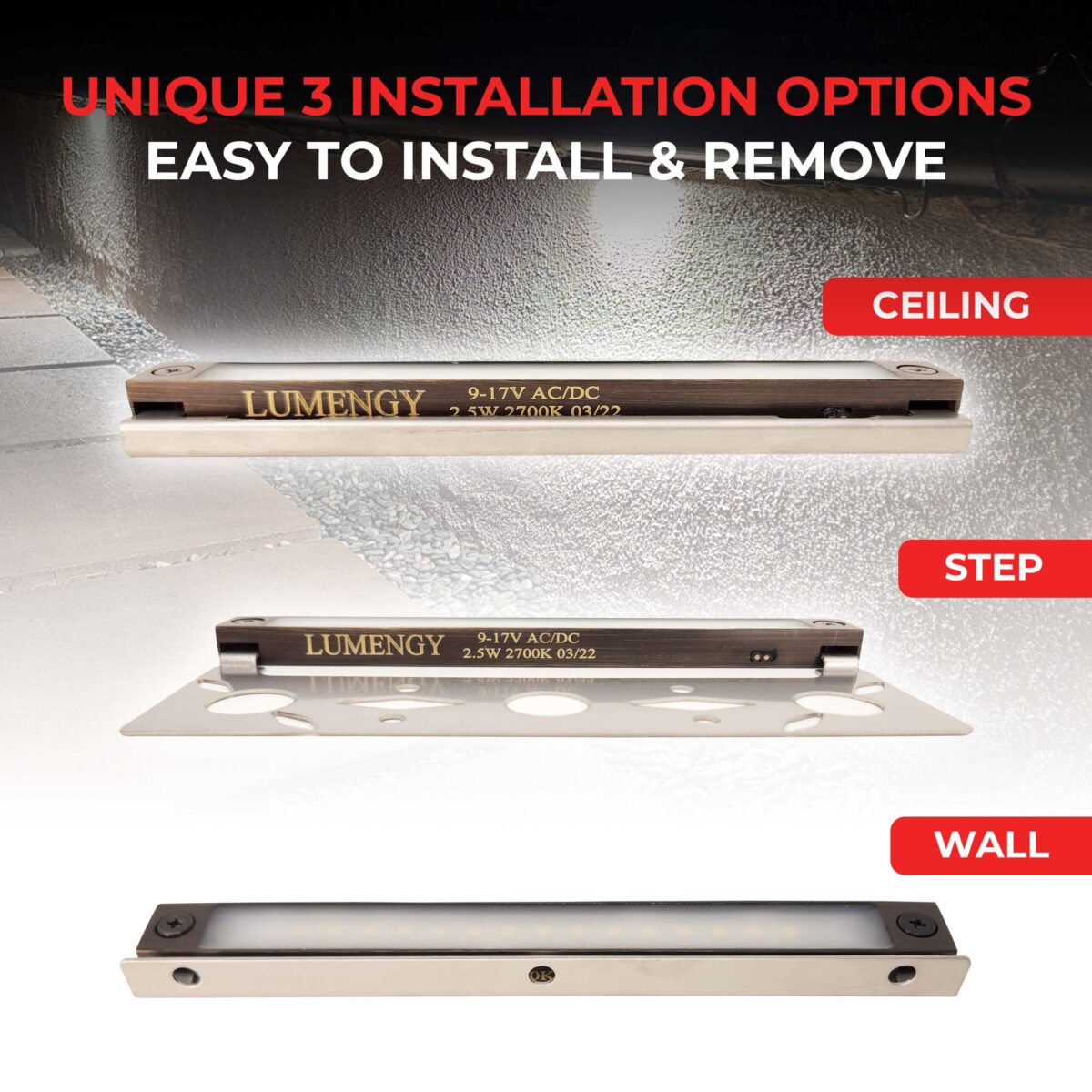 Easy Installation and removable for Ceiling, Step, and Wall